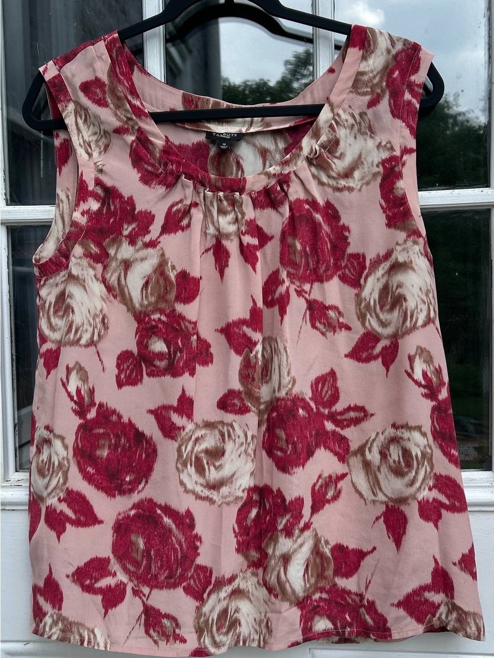 Talbots 100% Silk Floral Sleeveless Blouse Rose Print Top Size 12